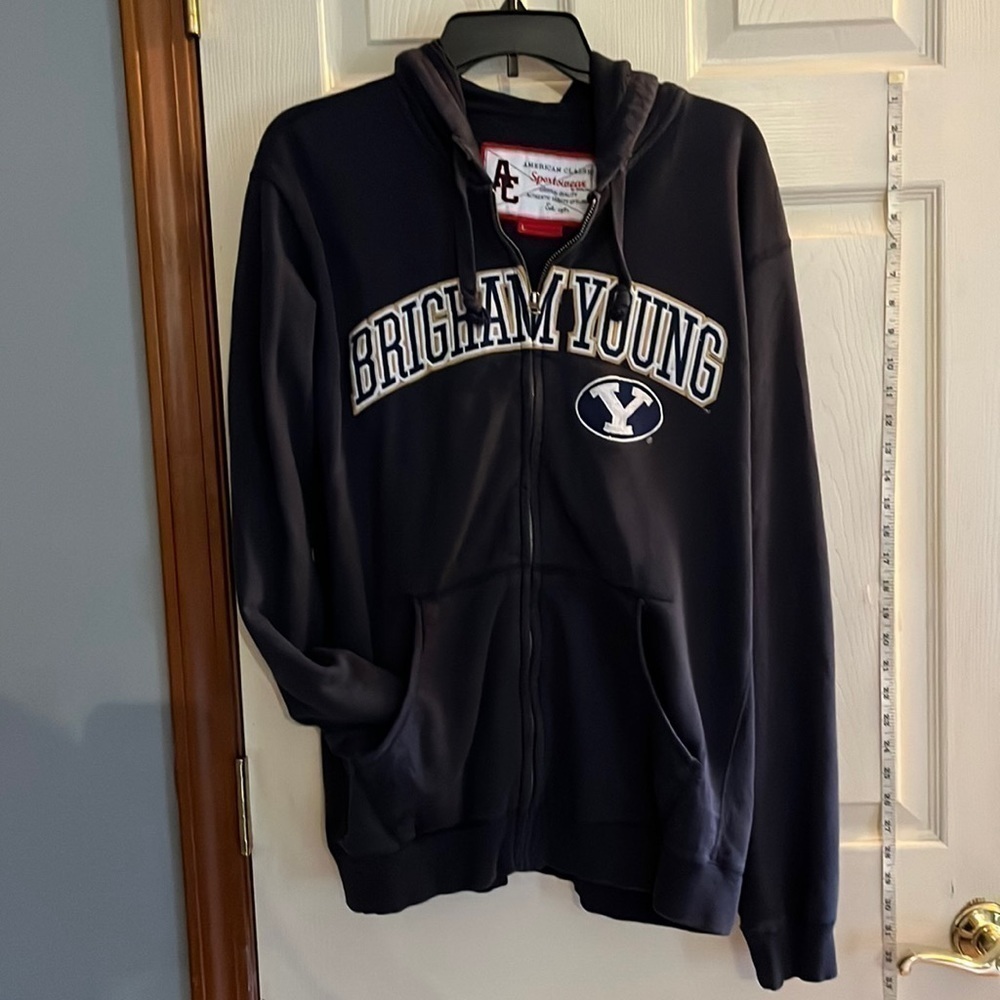 American classic-size L-black/ blue full zip  sweatshirt. Brigham Young unisex.